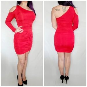 Forever 21 Red One Shoulder Cut Out Long Sleeve Ruched Bodycon Dress